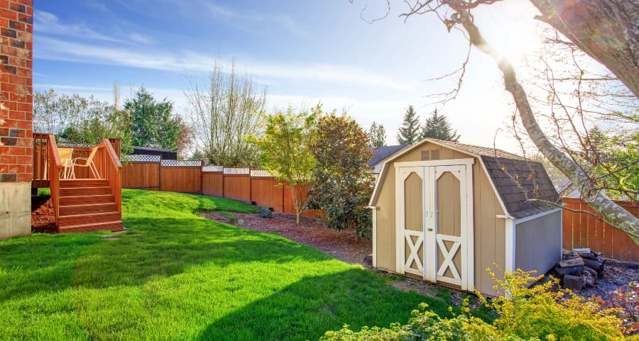 Fenced backyard with storage shed in Eugene